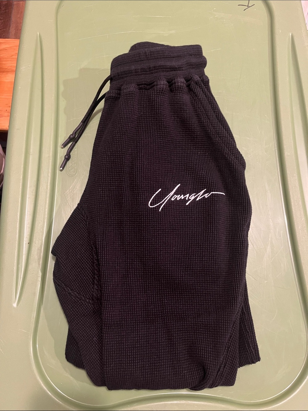 YoungLA Black Waffle Knit Athletic Shorts with White Script Logo